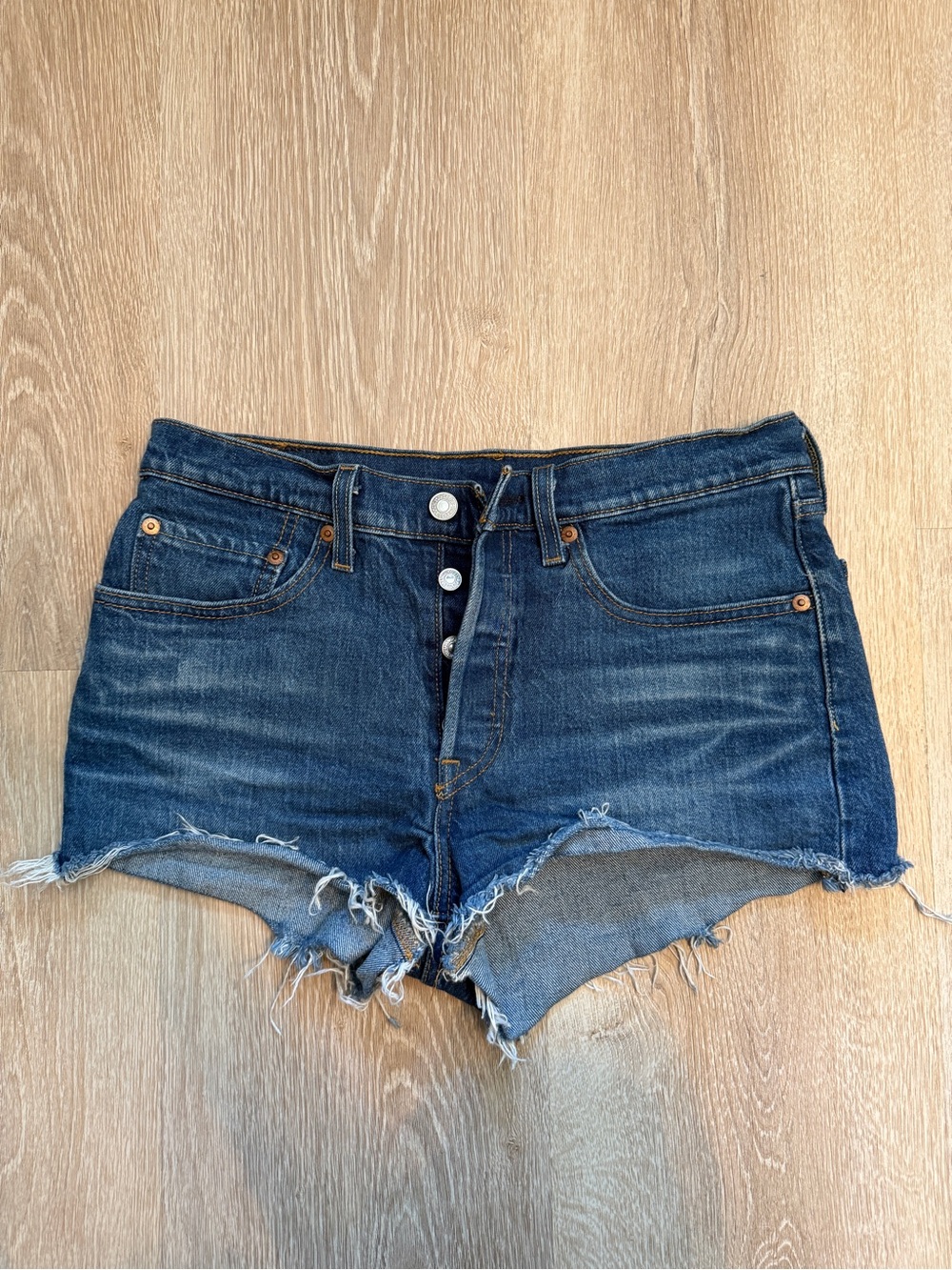 Levi's Dark Blue Distressed Button-Fly Denim Shorts